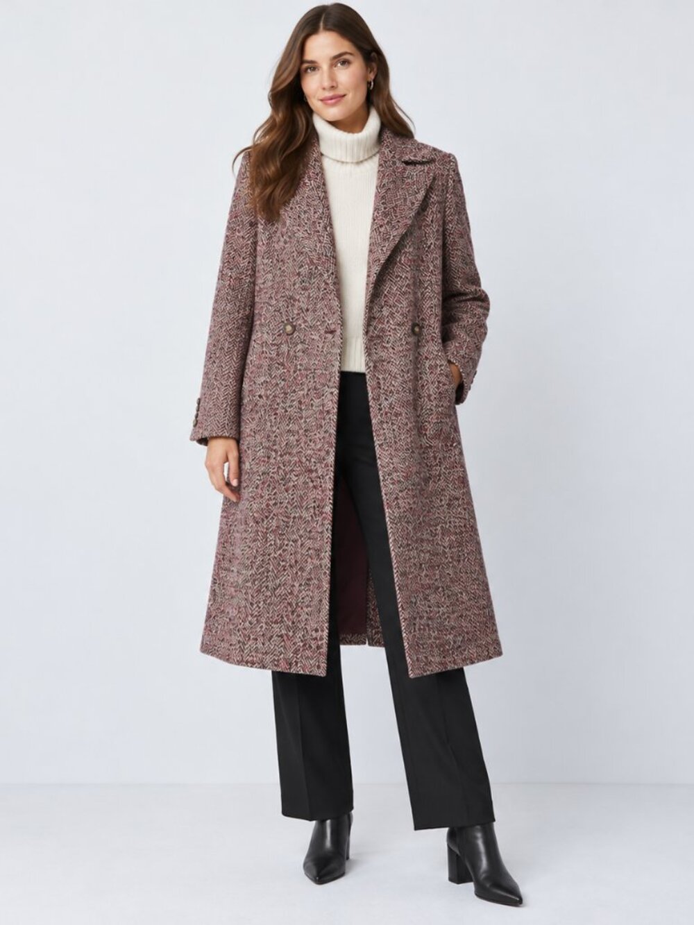Ann Taylor Herringbone Double Breasted Long Coat in Plum Herringbone size L